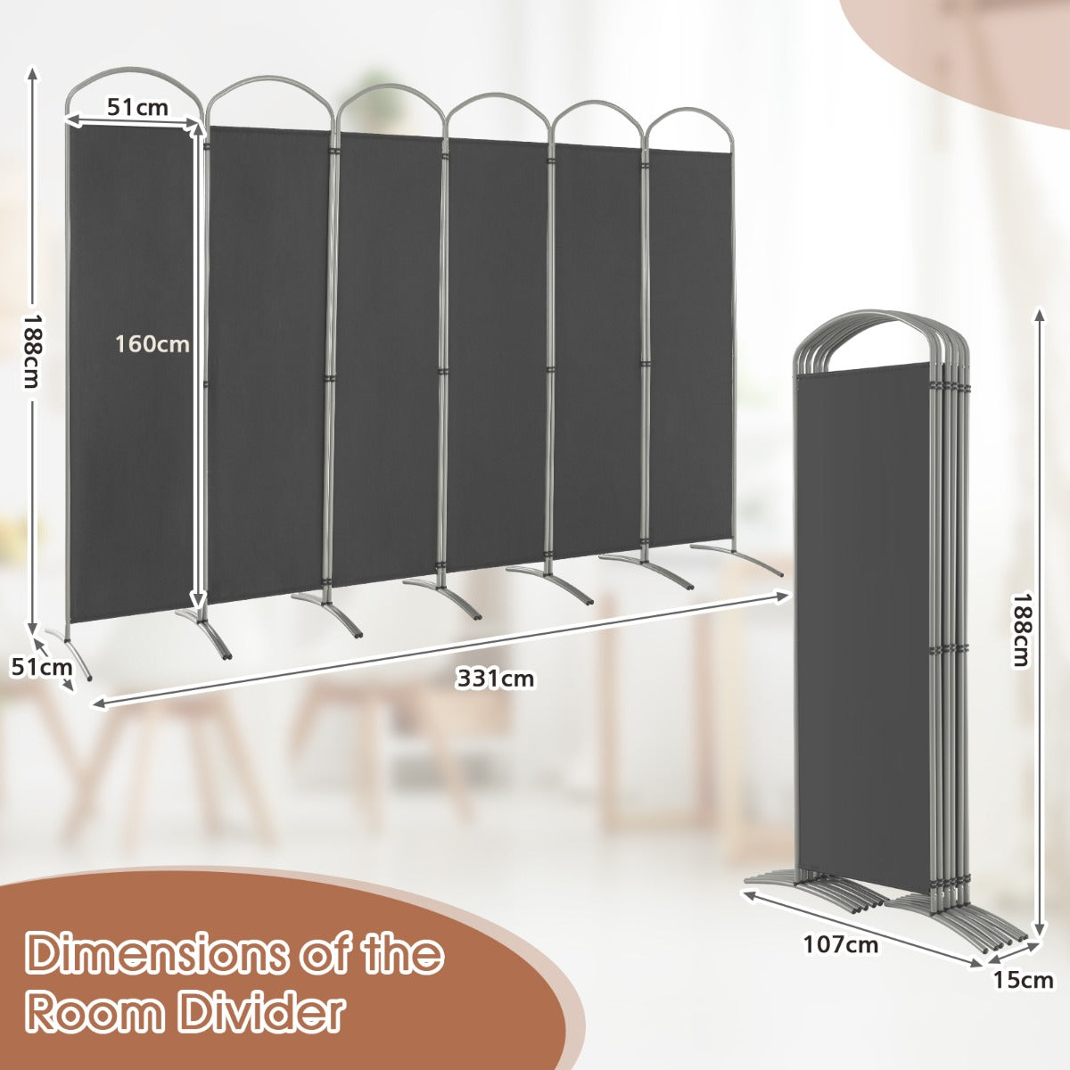 6 Panel Folding Privacy Screen for Home and Office-Grey