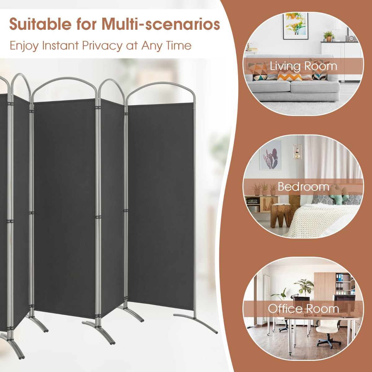 6 Panel Folding Privacy Screen for Home and Office-Grey