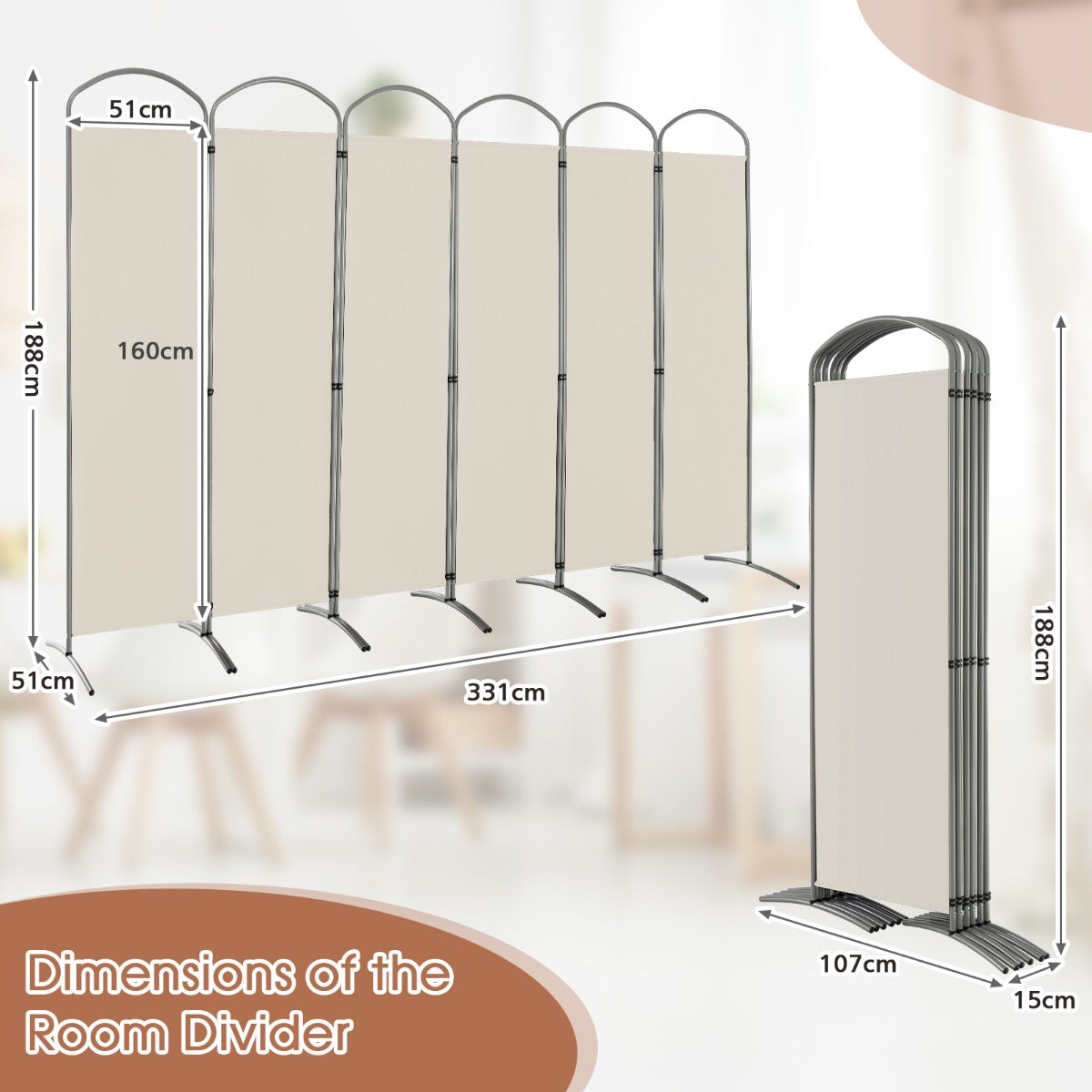 6 Panel Folding Privacy Screen for Home and Office-White