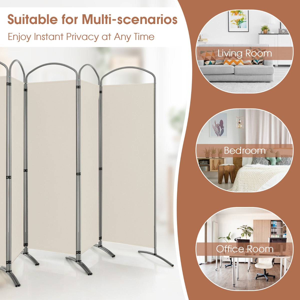 6 Panel Folding Privacy Screen for Home and Office-White
