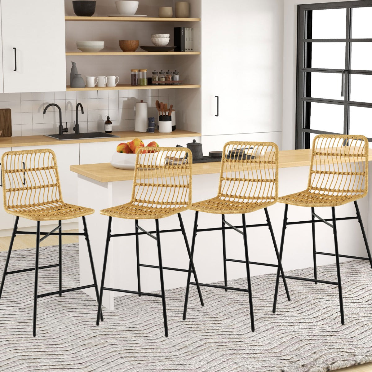 Set of 2 69 cm Rattan Bar Stools with Sturdy Metal Frame