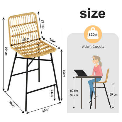 Set of 2 69 cm Rattan Bar Stools with Sturdy Metal Frame