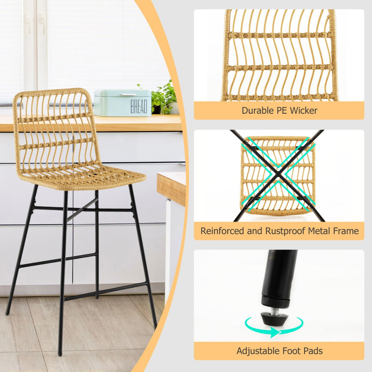 Set of 2 69 cm Rattan Bar Stools with Sturdy Metal Frame