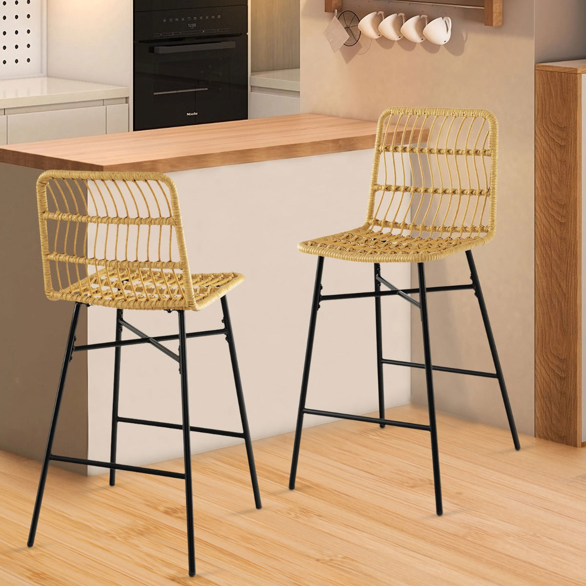 Set of 2 69 cm Rattan Bar Stools with Sturdy Metal Frame