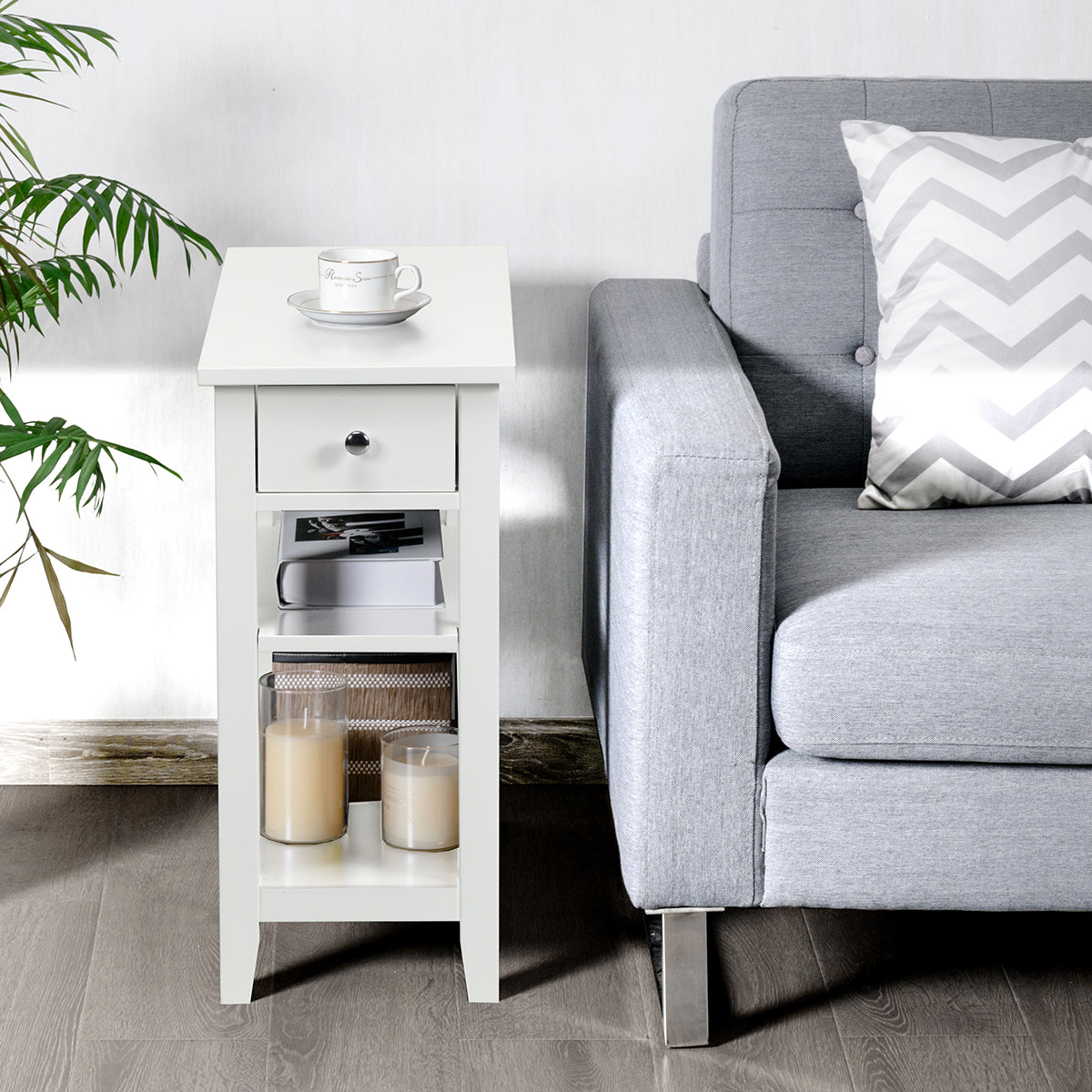 3-Tier End Table with One Drawer and Double Shelves for Bedroom Living Room-White