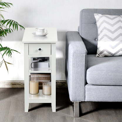 3-Tier End Table with One Drawer and Double Shelves for Bedroom Living Room-White