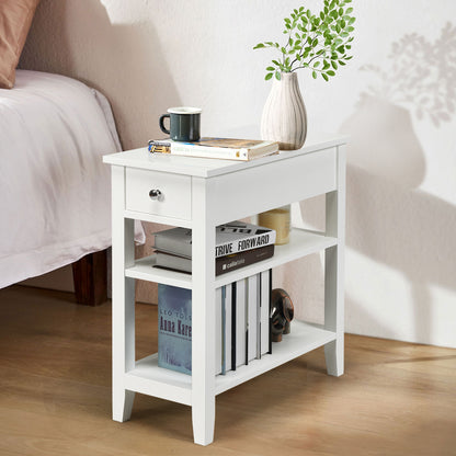 3-Tier End Table with One Drawer and Double Shelves for Bedroom Living Room-White