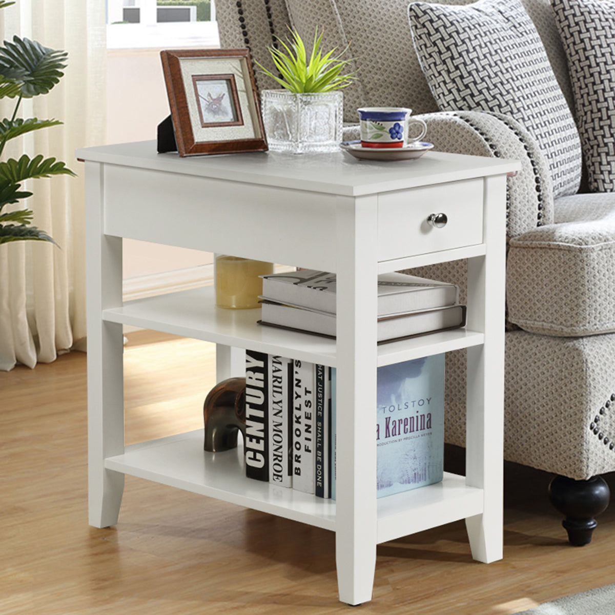 3-Tier End Table with One Drawer and Double Shelves for Bedroom Living Room-White