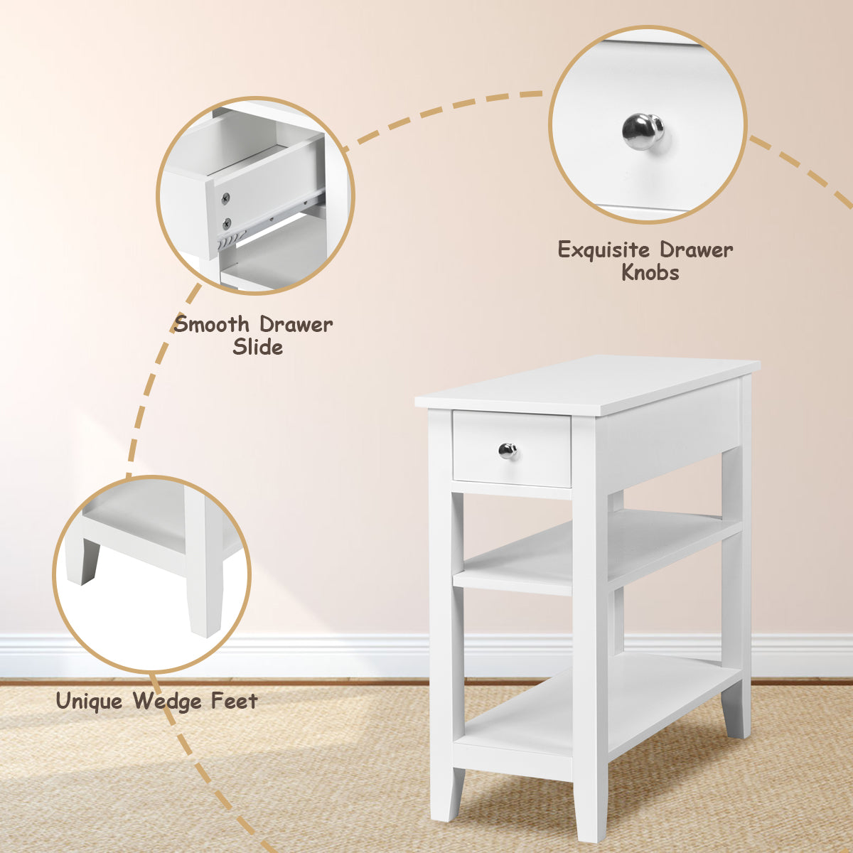 3-Tier End Table with One Drawer and Double Shelves for Bedroom Living Room-White