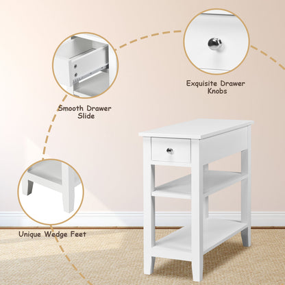 3-Tier End Table with One Drawer and Double Shelves for Bedroom Living Room-White