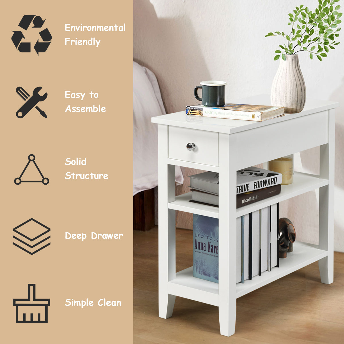 3-Tier End Table with One Drawer and Double Shelves for Bedroom Living Room-White