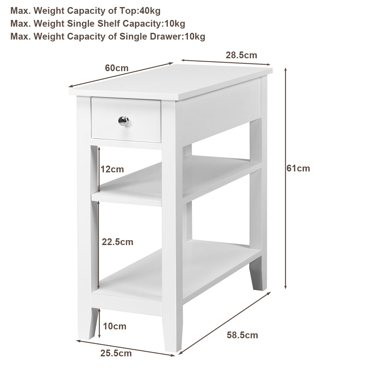 3-Tier End Table with One Drawer and Double Shelves for Bedroom Living Room-White