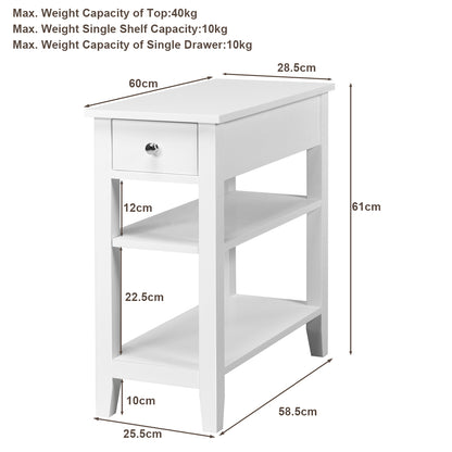 3-Tier End Table with One Drawer and Double Shelves for Bedroom Living Room-White