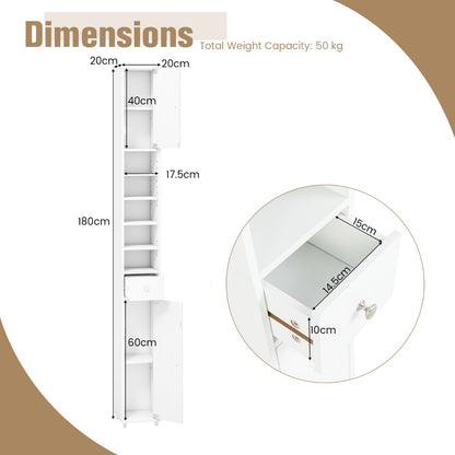 Slim Bathroom Tall Cabinet with 2 Doors 1 Drawer and 5 Shelves-White