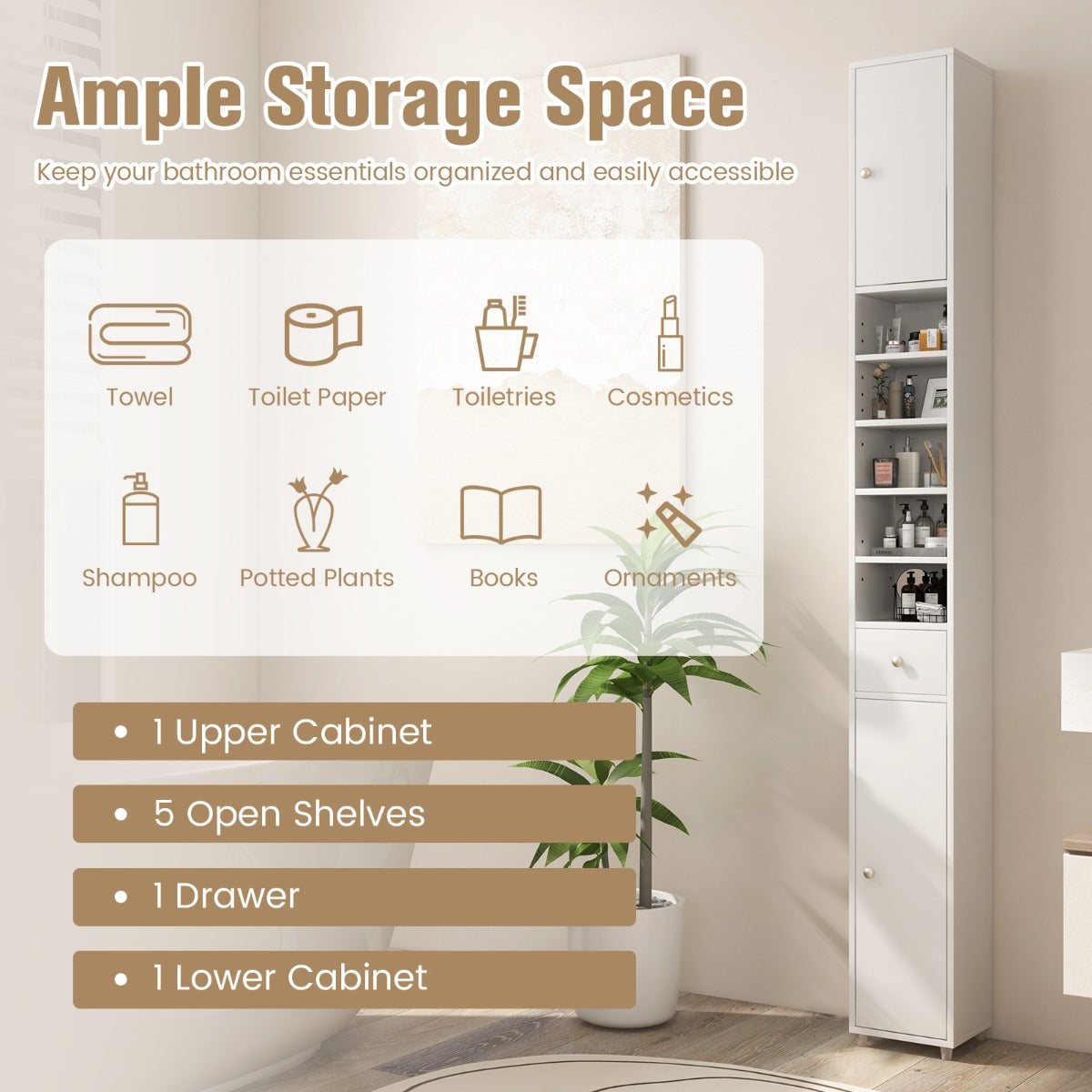 Slim Bathroom Tall Cabinet with 2 Doors 1 Drawer and 5 Shelves-White