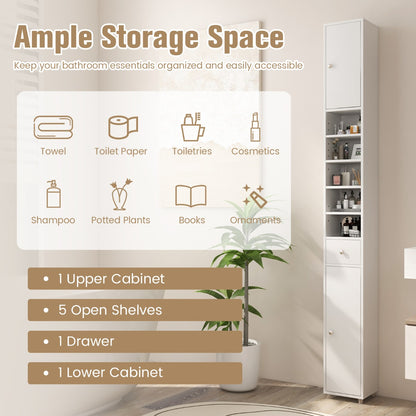 Slim Bathroom Tall Cabinet with 2 Doors 1 Drawer and 5 Shelves-White