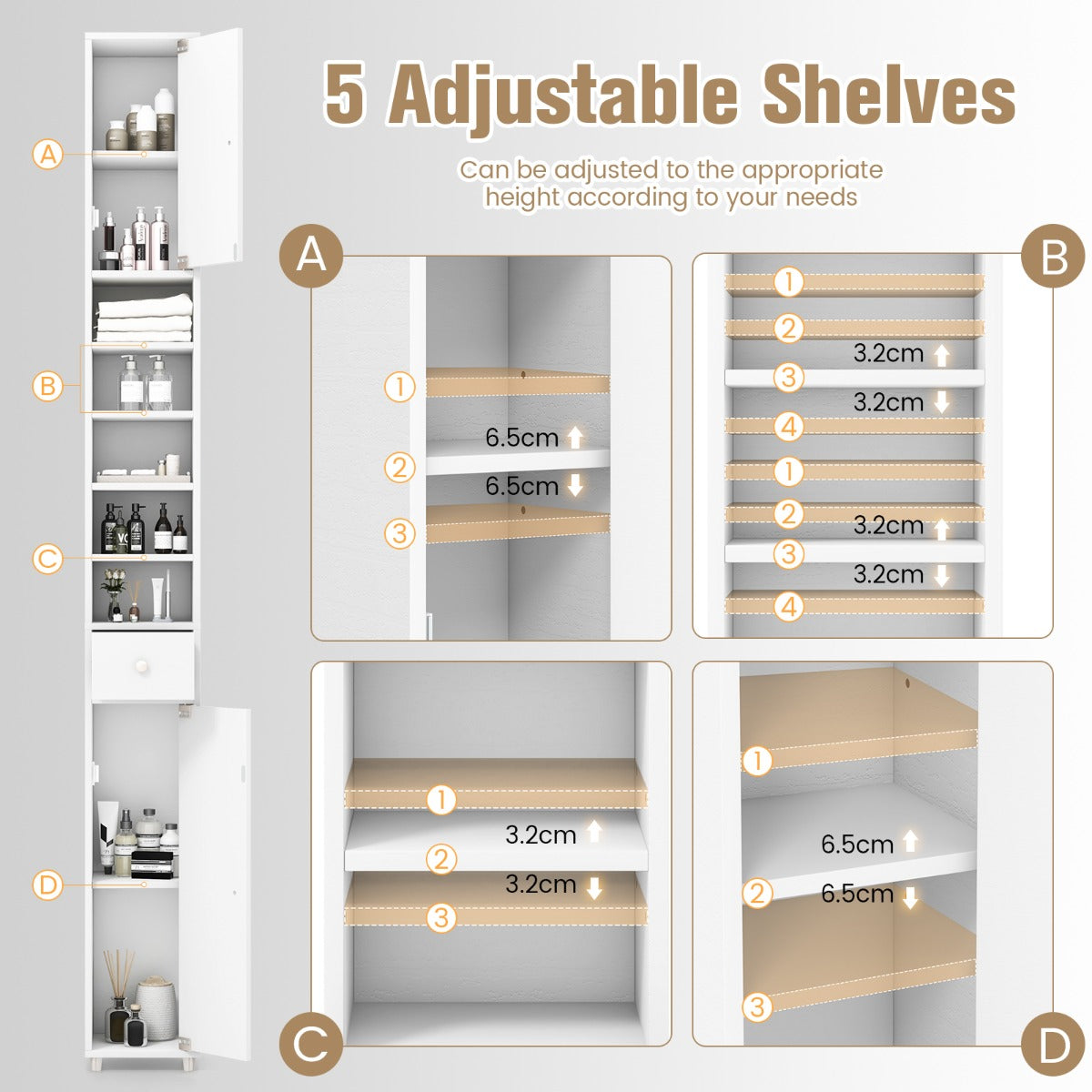 Slim Bathroom Tall Cabinet with 2 Doors 1 Drawer and 5 Shelves-White