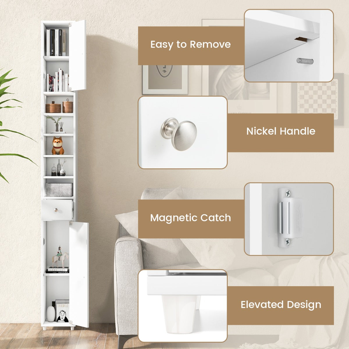 Slim Bathroom Tall Cabinet with 2 Doors 1 Drawer and 5 Shelves-White
