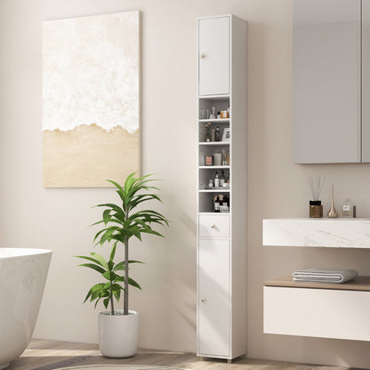 Slim Bathroom Tall Cabinet with 2 Doors 1 Drawer and 5 Shelves-White