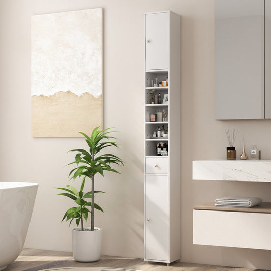 Slim Bathroom Tall Cabinet with 2 Doors 1 Drawer and 5 Shelves-White