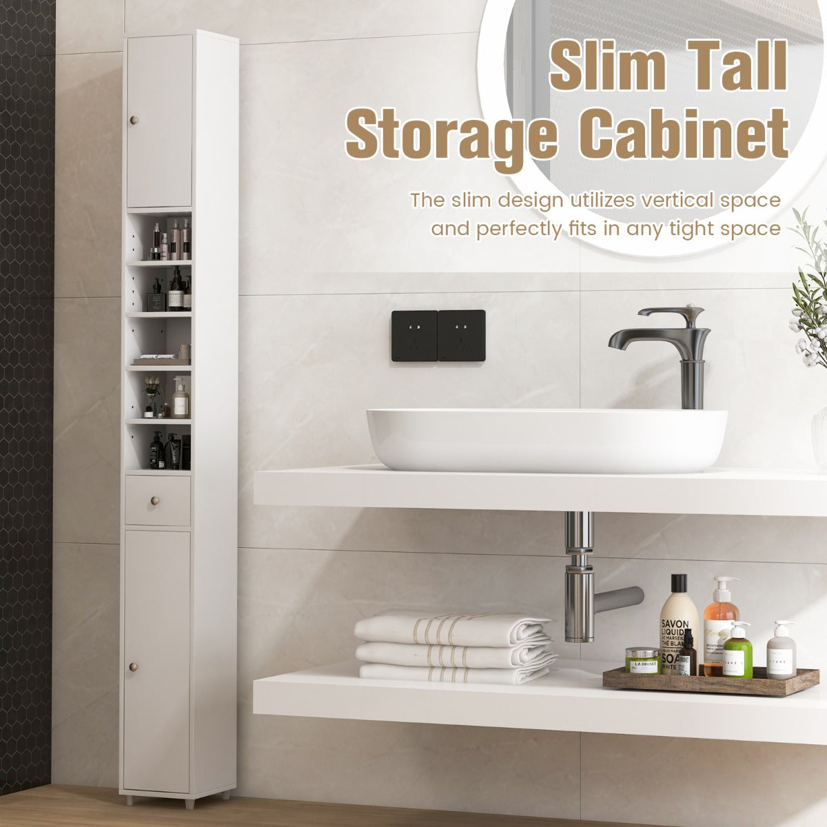 Slim Bathroom Tall Cabinet with 2 Doors 1 Drawer and 5 Shelves-White
