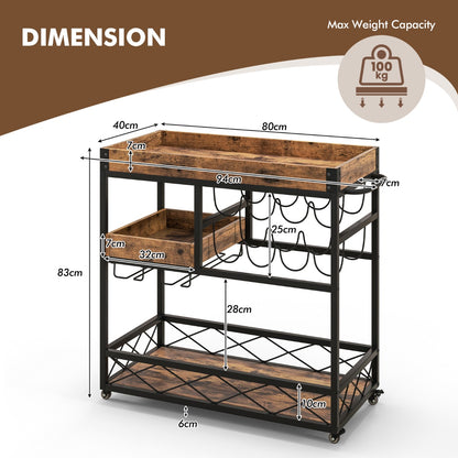 3-Tier Rolling Bar Cart with Removable Tray for Dining Room