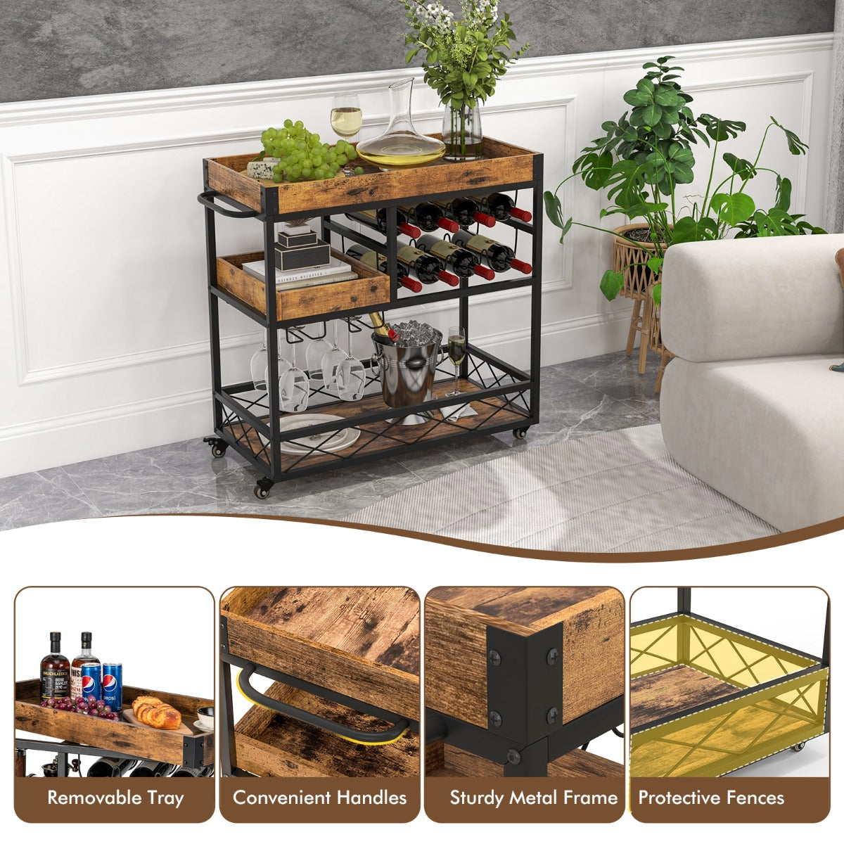 3-Tier Rolling Bar Cart with Removable Tray for Dining Room