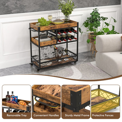 3-Tier Rolling Bar Cart with Removable Tray for Dining Room