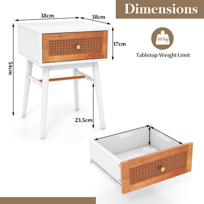 Rattan Nightstand with Storage Drawer &amp; Solid Wood Legs-White