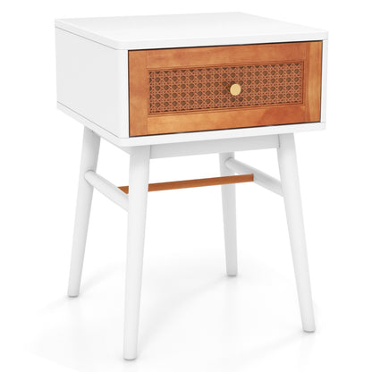 Rattan Nightstand with Storage Drawer &amp; Solid Wood Legs-White