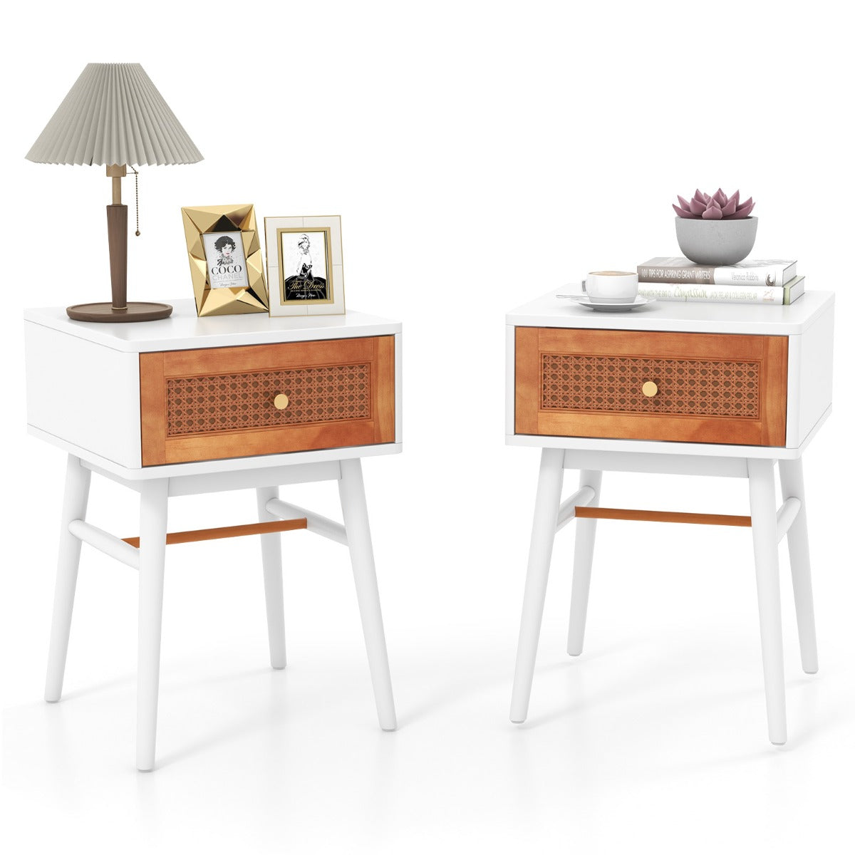 Rattan Nightstand with Storage Drawer &amp; Solid Wood Legs-White