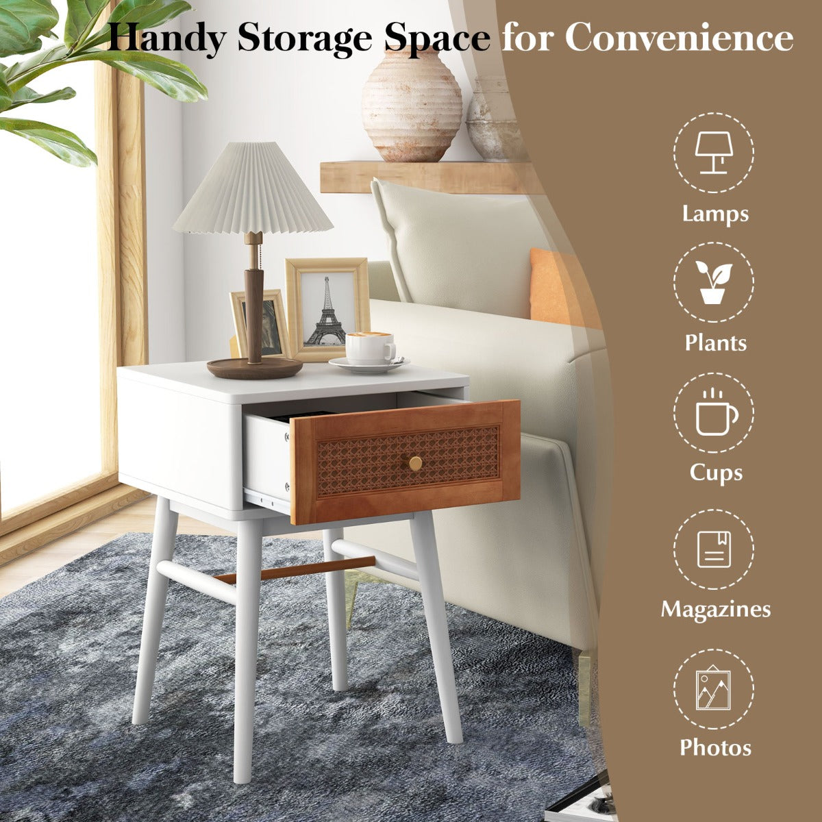 Rattan Nightstand with Storage Drawer &amp; Solid Wood Legs-White