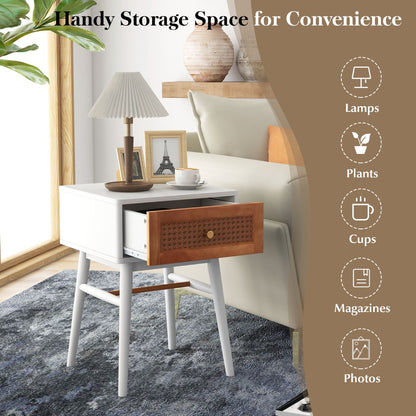 Rattan Nightstand with Storage Drawer &amp; Solid Wood Legs-White