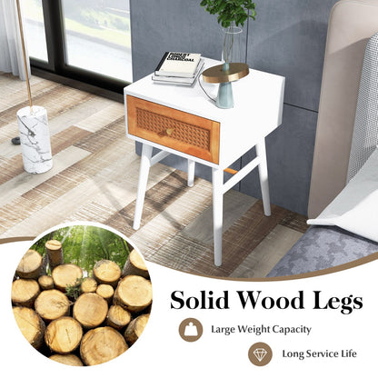 Rattan Nightstand with Storage Drawer &amp; Solid Wood Legs-White