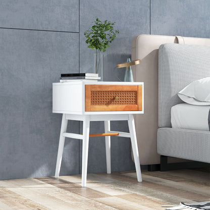 Rattan Nightstand with Storage Drawer &amp; Solid Wood Legs-White