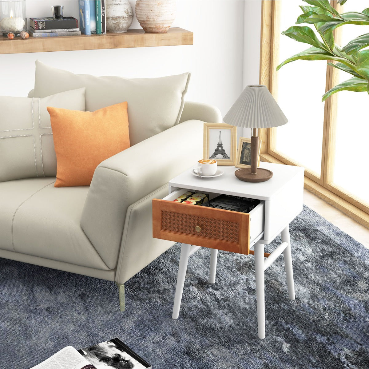 Rattan Nightstand with Storage Drawer &amp; Solid Wood Legs-White