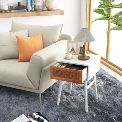 Rattan Nightstand with Storage Drawer &amp; Solid Wood Legs-White