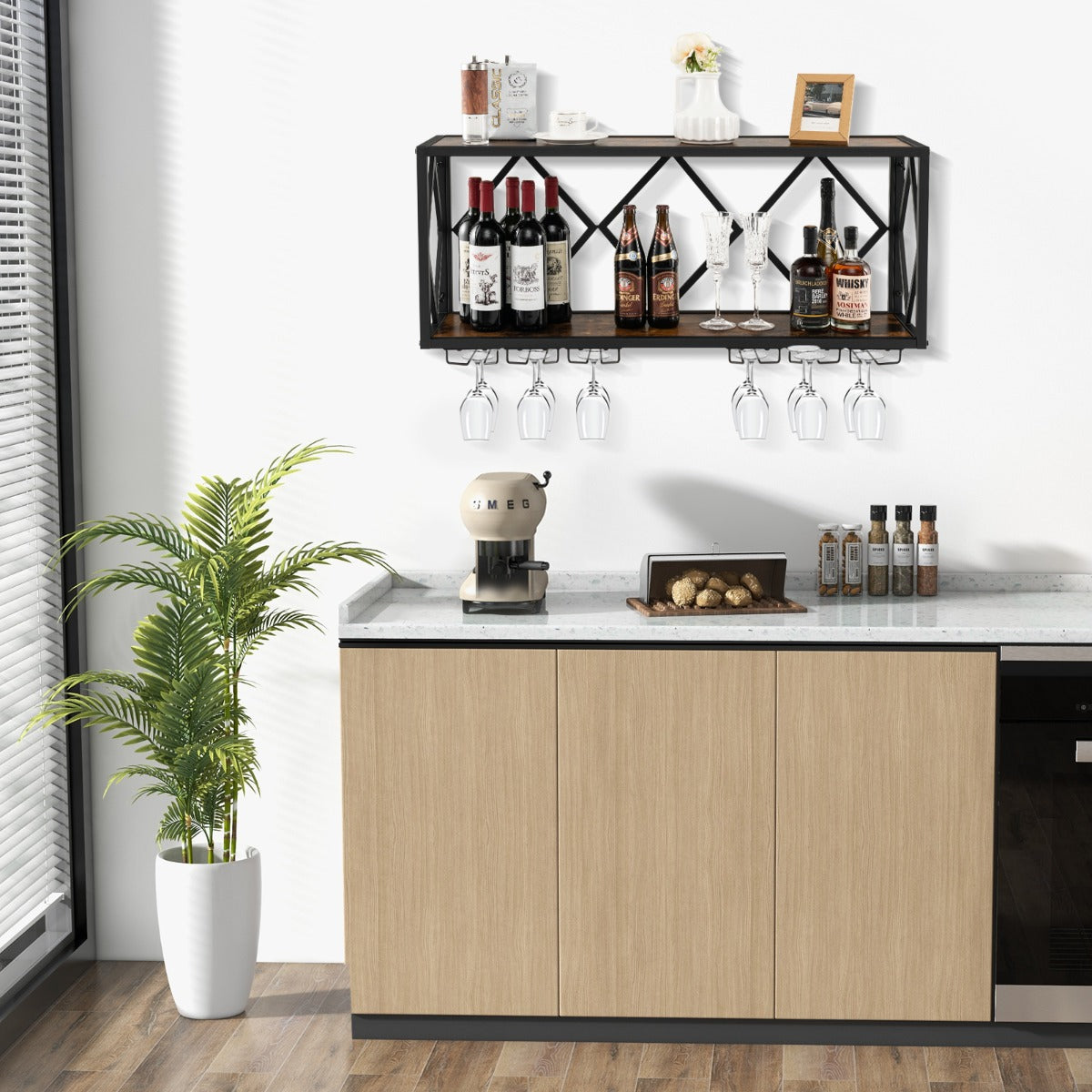 Wall Mounted Wine Rack with Wine Bottle Rack & 6 Rows of Stemware Holder