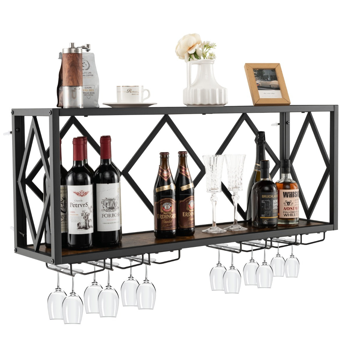 Wall Mounted Wine Rack with Wine Bottle Rack & 6 Rows of Stemware Holder