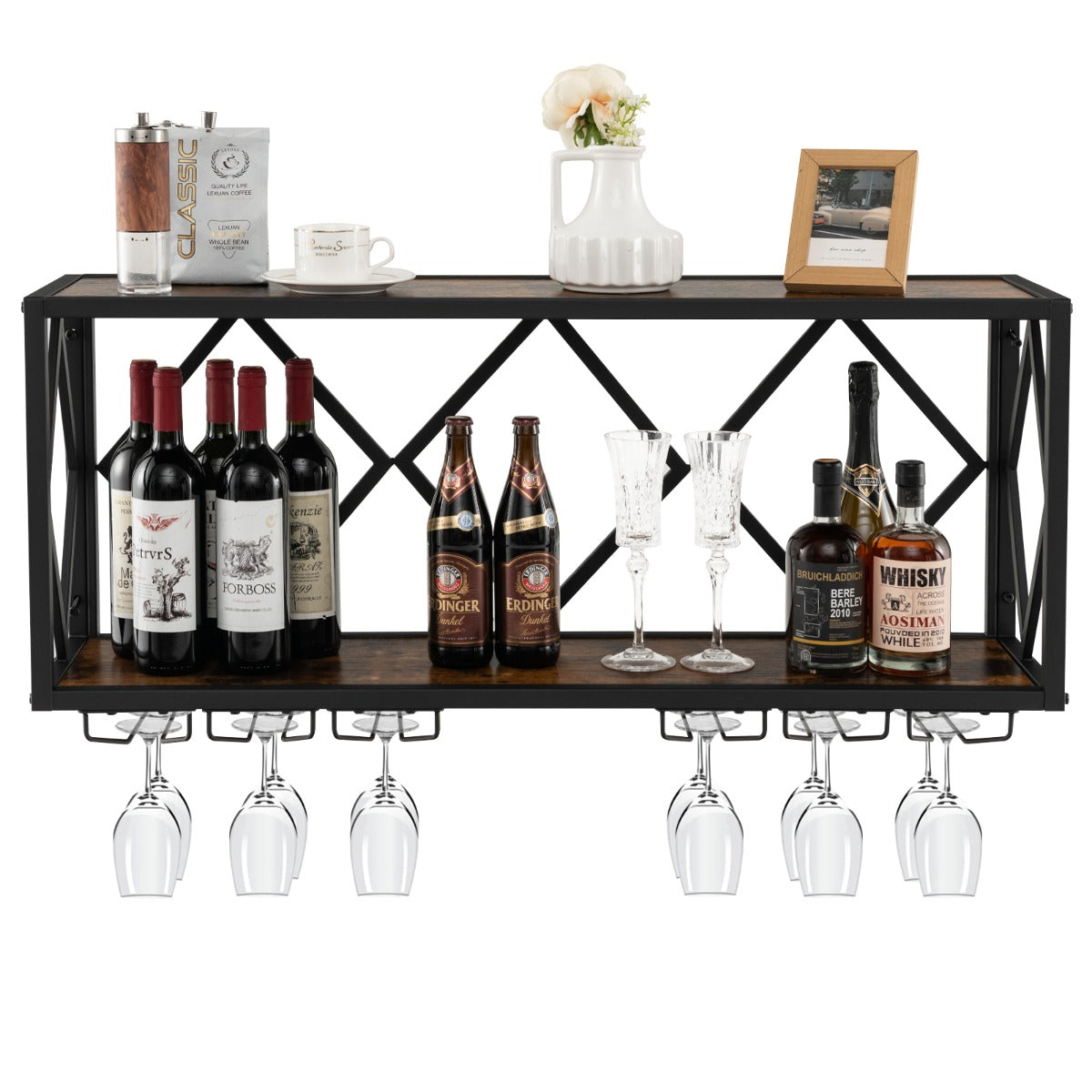 Wall Mounted Wine Rack with Wine Bottle Rack & 6 Rows of Stemware Holder