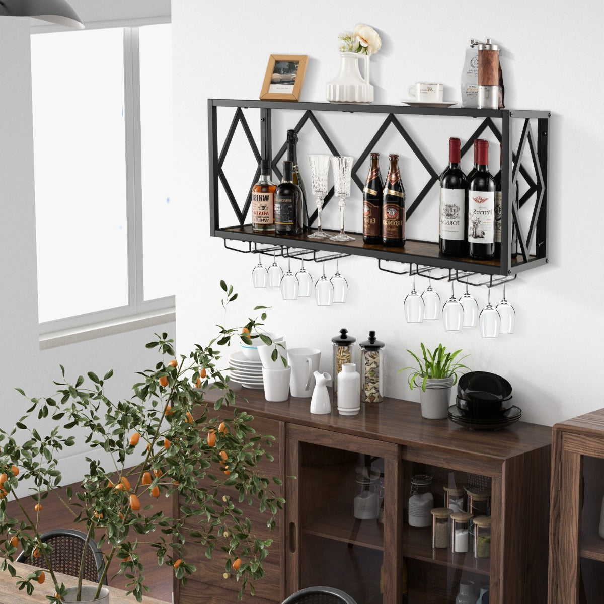 Wall Mounted Wine Rack with Wine Bottle Rack & 6 Rows of Stemware Holder
