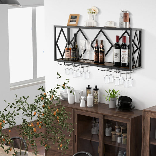 Wall Mounted Wine Rack with Wine Bottle Rack & 6 Rows of Stemware Holder