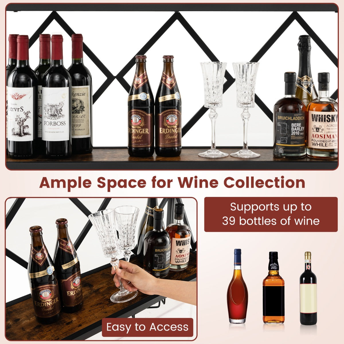 Wall Mounted Wine Rack with Wine Bottle Rack & 6 Rows of Stemware Holder