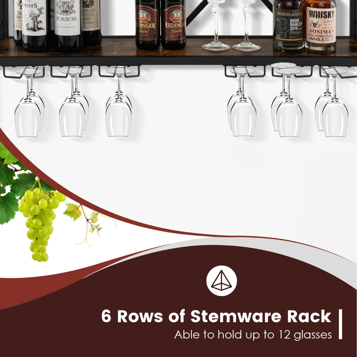 Wall Mounted Wine Rack with Wine Bottle Rack & 6 Rows of Stemware Holder