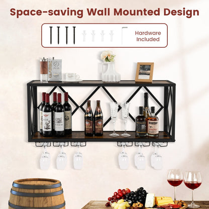 Wall Mounted Wine Rack with Wine Bottle Rack & 6 Rows of Stemware Holder