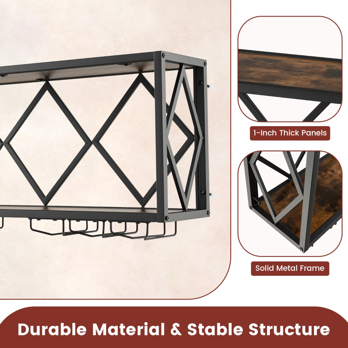 Wall Mounted Wine Rack with Wine Bottle Rack & 6 Rows of Stemware Holder