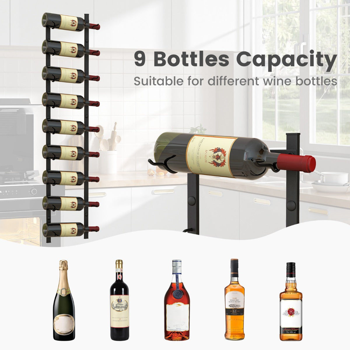 Rust-proof Metal Wall Mounted Wine Rack for 6/9/12 Bottles-9 Bottles