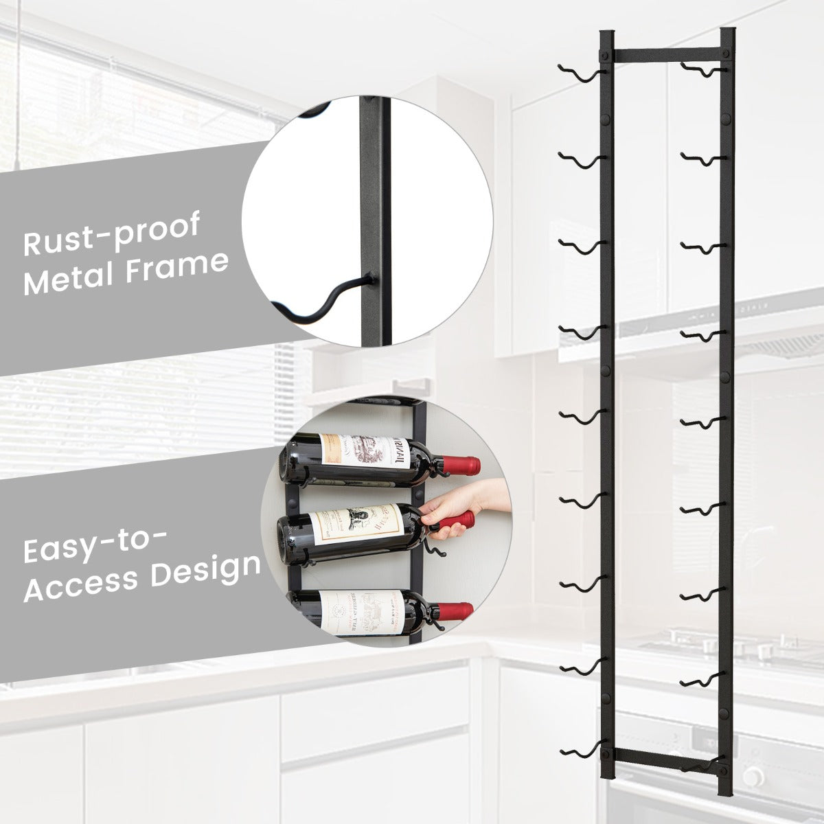 Rust-proof Metal Wall Mounted Wine Rack for 6/9/12 Bottles-9 Bottles