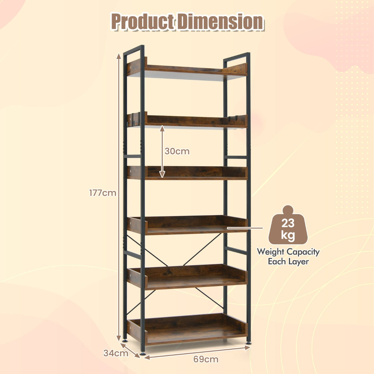 6-Tier ndustrial Bookcase with Metal Frame for Garage/Living Room