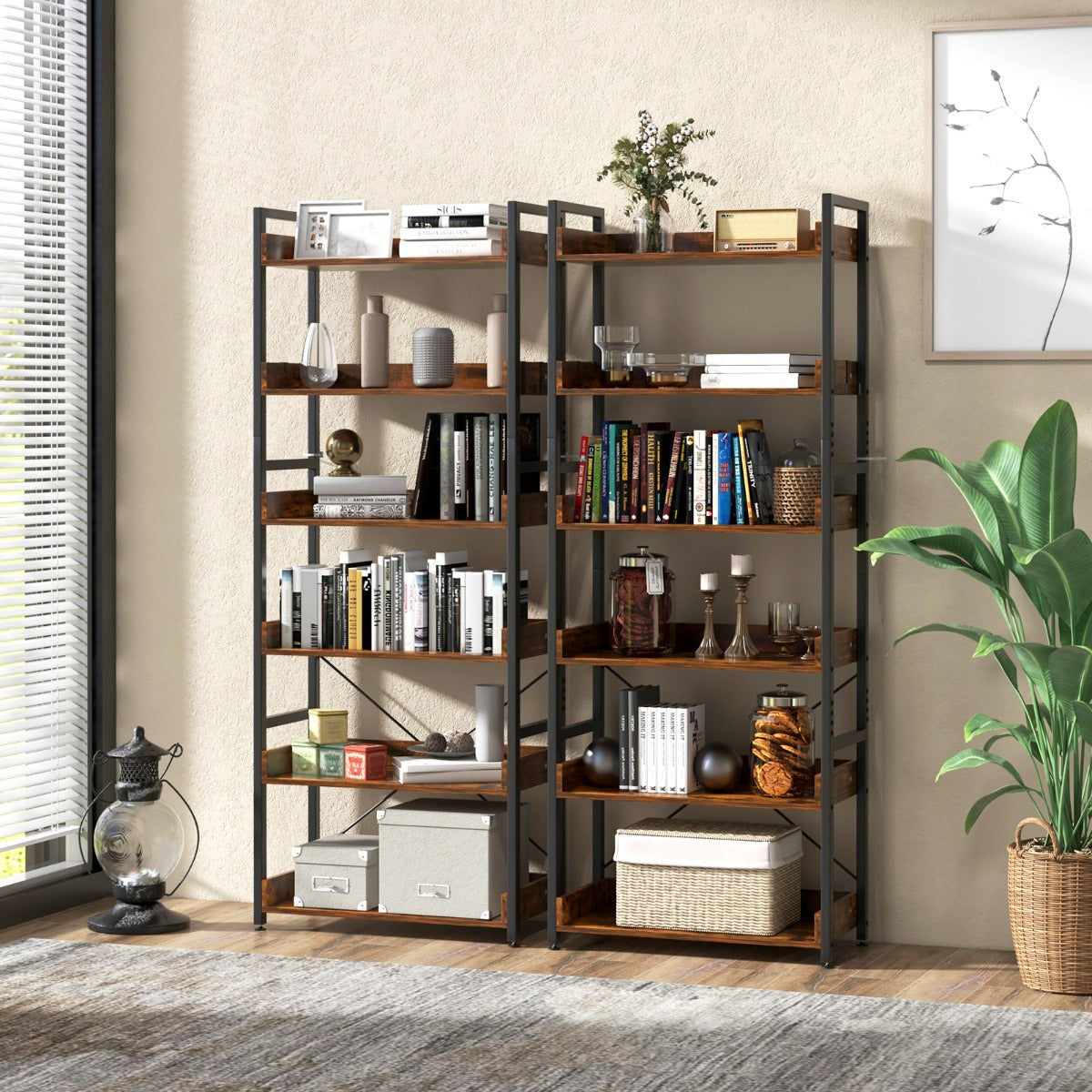 6-Tier ndustrial Bookcase with Metal Frame for Garage/Living Room